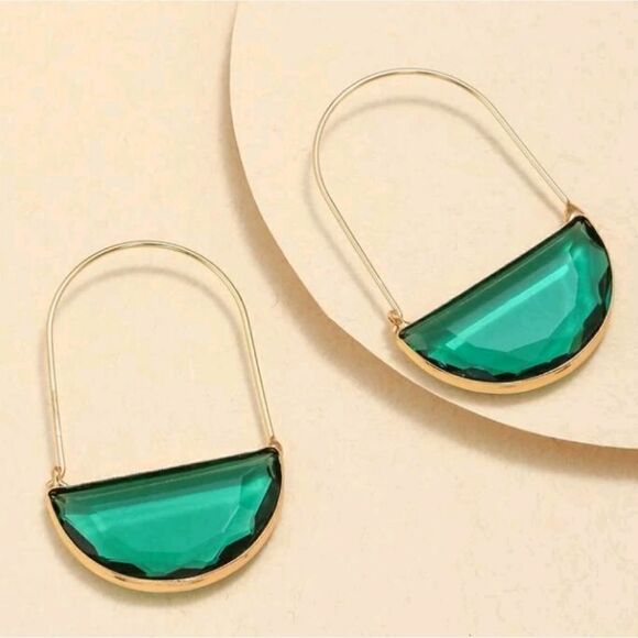 Green Glass Crescent Hoop Earrings - Picture 2 of 4